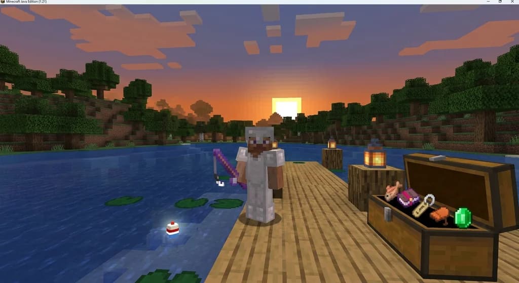 Minecraft player fishing from a wooden dock at sunset with a glowing enchanted fishing rod, bobber in water, treasure chest nearby filled with rare loot items