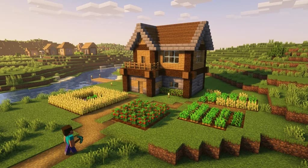 A vanilla+ Minecraft survival base with Farmer's Delight crops, oak and stone brick construction, and a Jade tooltip UI overlay, lit by warm golden hour sunlight over grassy hills.