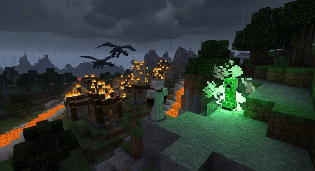 Minecraft hardcore mods scene with dragon, creeper, and burning village.