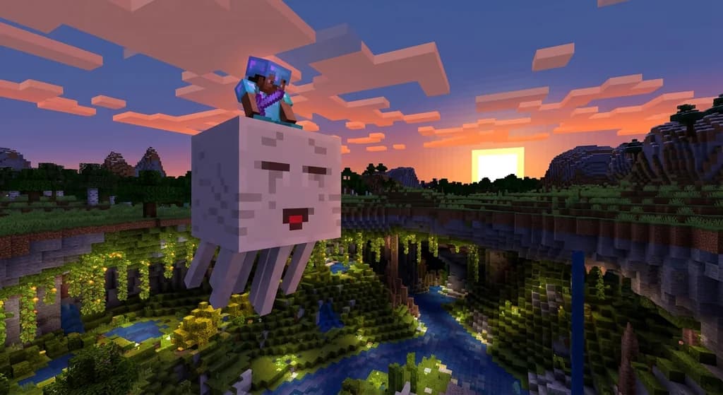 Minecraft player riding Happy Ghast with enchanted helmet, flying over lush caves.