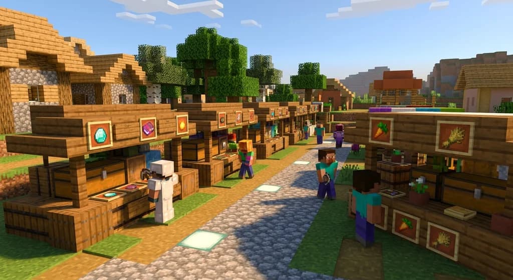 A Minecraft player market district with rows of chest shops displaying diamonds, enchanted books, and golden carrots in item frames, lit by sea lanterns on cobblestone paths.