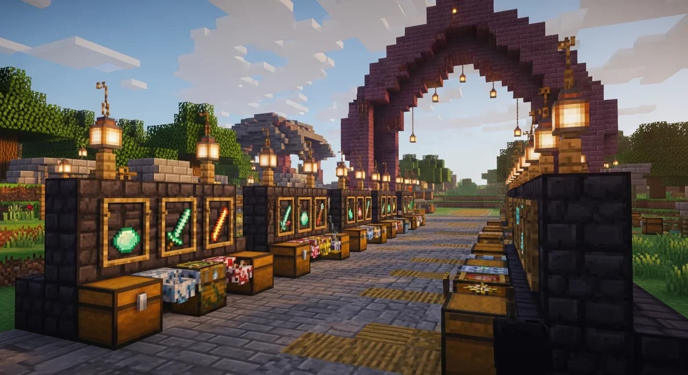 A Minecraft SMP marketplace with chest shops displaying diamonds, blaze rods, and enchanted swords along polished blackstone and oak plank streets lit by sea lanterns