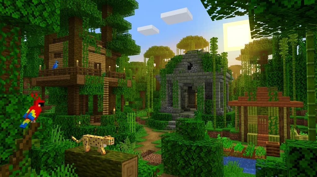 Three jungle builds in Minecraft demonstrating different block palettes: a treehouse, a ruined temple, and a bamboo hut.