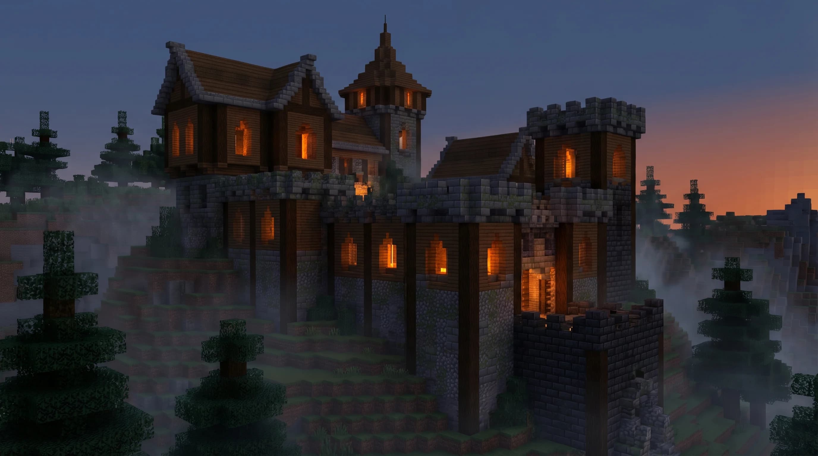 A medieval Minecraft castle built with dark oak, stone bricks, mossy cobblestone, and deepslate bricks glowing with torchlight at dusk