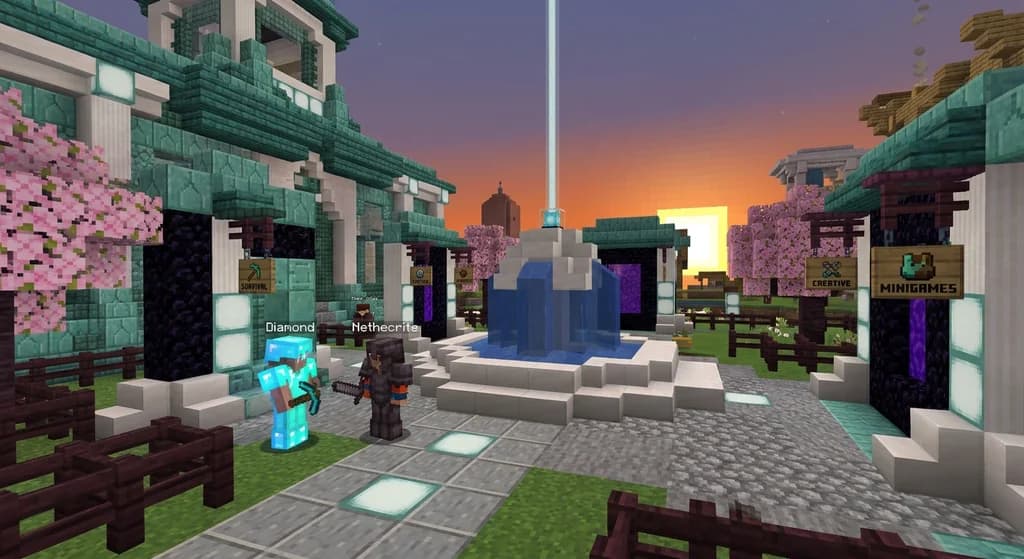 Minecraft Bedrock server hub with players and multiple game mode portals.