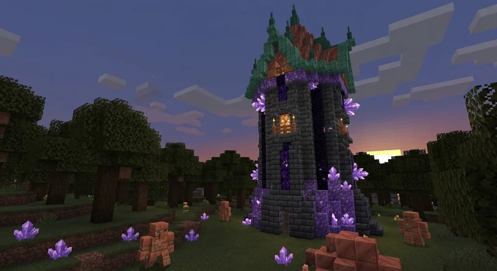 A Minecraft wizard tower with deepslate, amethyst, and copper palette in a dark forest at twilight.