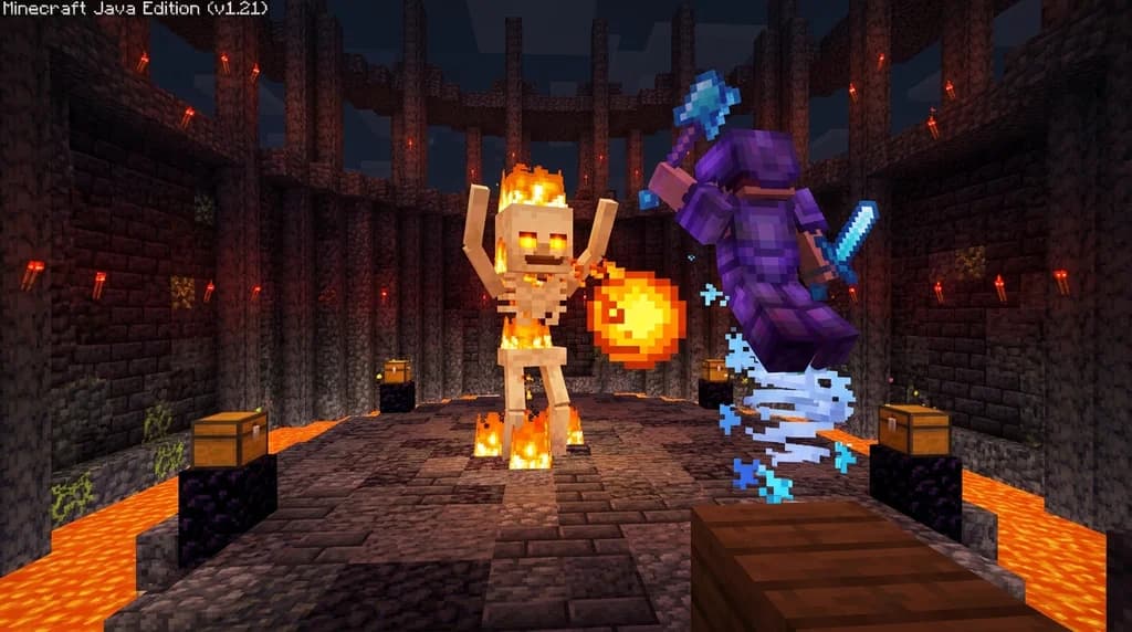 A player battles a giant flaming boss in a custom Minecraft modded arena, with lava, deepslate pillars, and glowing loot chests.