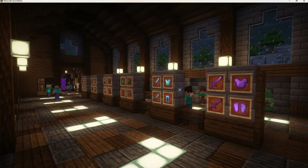 Minecraft server spawn hall with glowing custom item pedestals arranged by rarity tier from Common to Mythic, built from polished deepslate and lit by sea lanterns