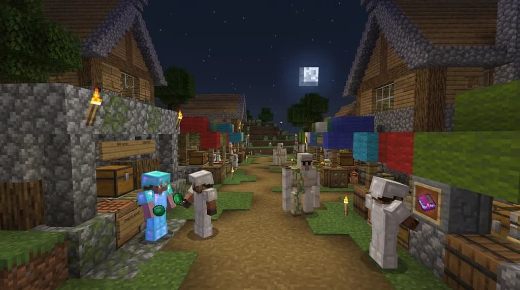 Minecraft players trading at illuminated chest shops in a medieval spawn marketplace, showcasing a server economy hub with various player-run stalls and currency exchanges.