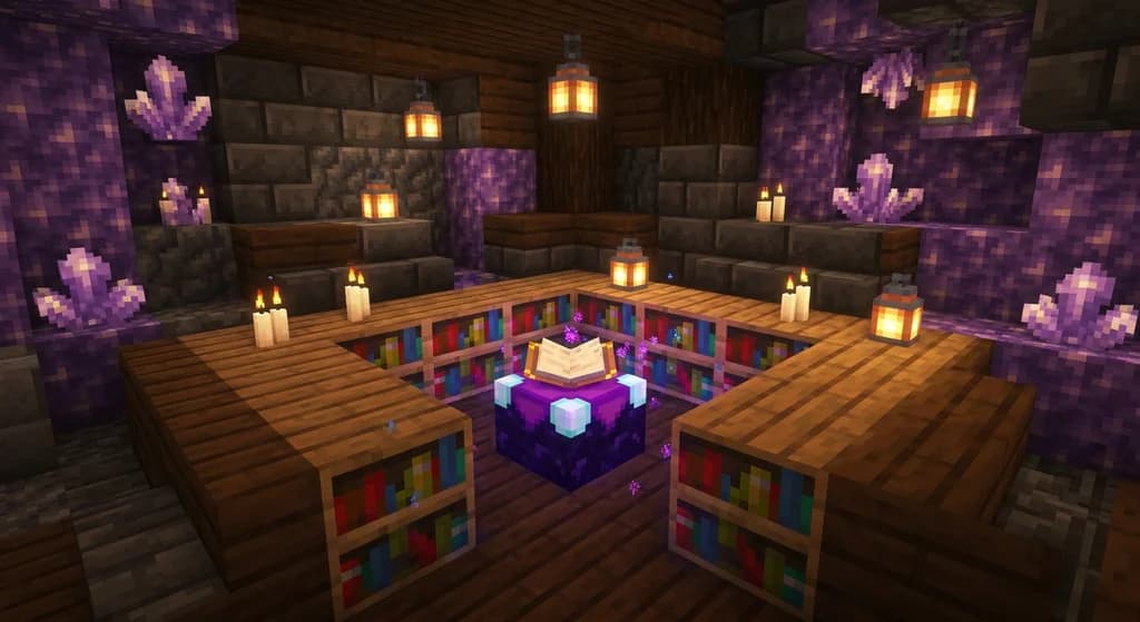 A Minecraft enchanting room with 15 bookshelves arranged around a glowing enchanting table, magical particles floating in the air, built from deepslate and dark oak in an underground cave.