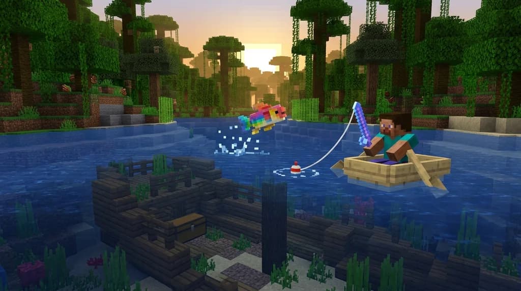 Minecraft player fishing in a jungle lake biome with rare fish jumping and treasure visible underwater.