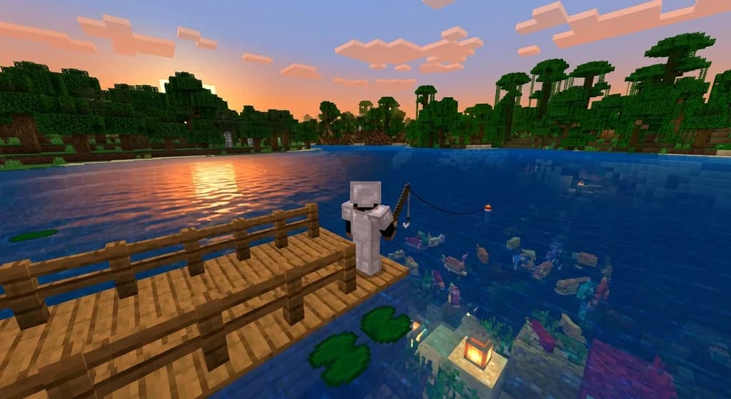 Minecraft player fishing from a wooden dock over a glowing ocean biome with tropical fish visible beneath the water surface at golden hour