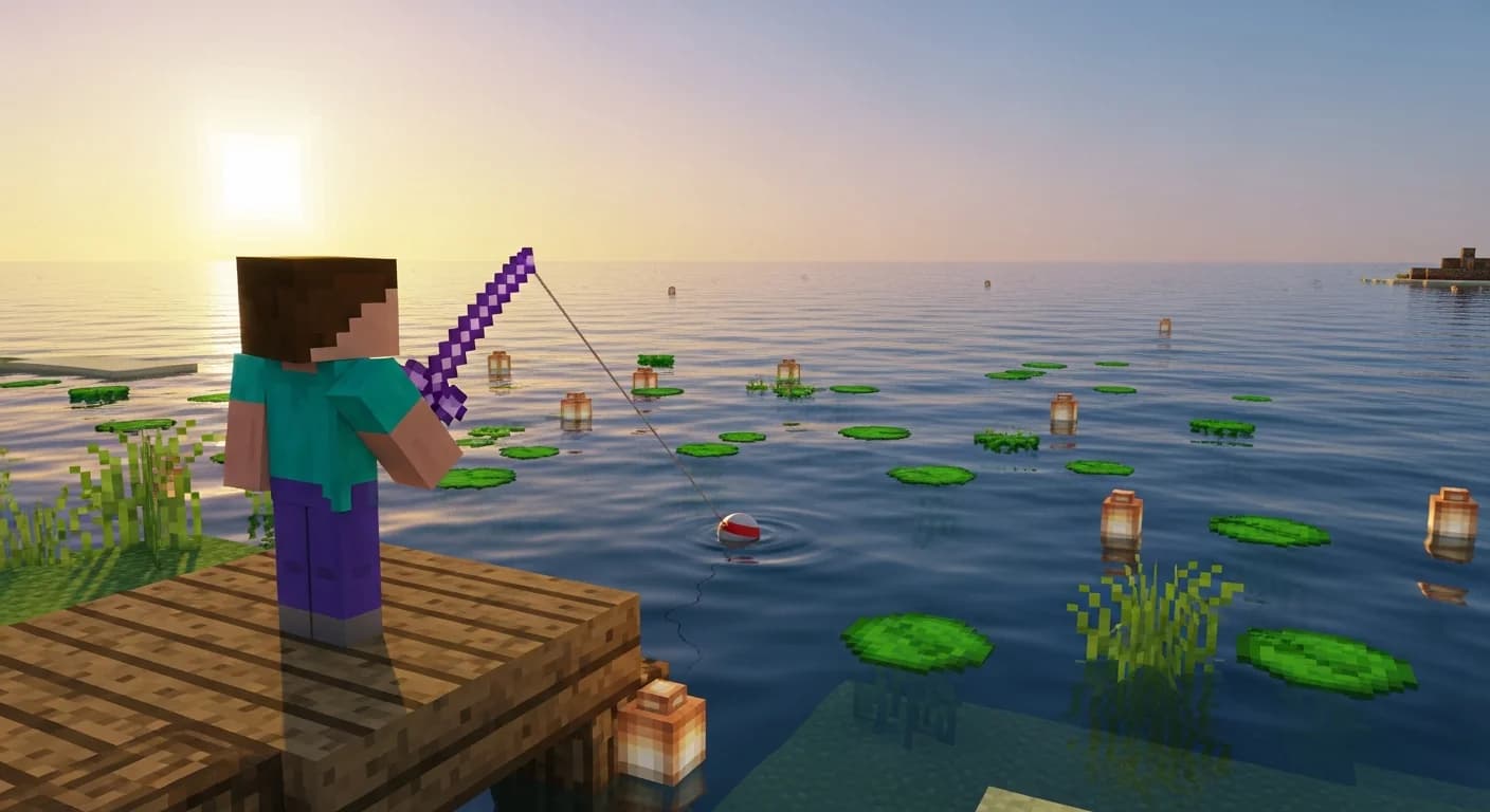 A Minecraft player fishing from a wooden dock over a calm ocean biome with an enchanted fishing rod glowing purple, bobber in the water at sunset.
