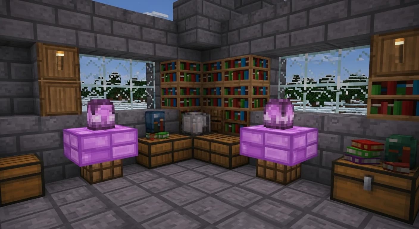 A Minecraft cottage interior built from oak planks and stone bricks, featuring bookshelves, an enchanting table glowing purple, and a chest full of books, with a snowy taiga visible through a glass pane window at dusk.