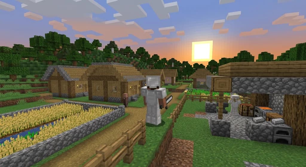 Minecraft hardcore player in iron armor standing at a village spawn at sunrise with wheat fields, a blacksmith forge, and rolling green hills in the background