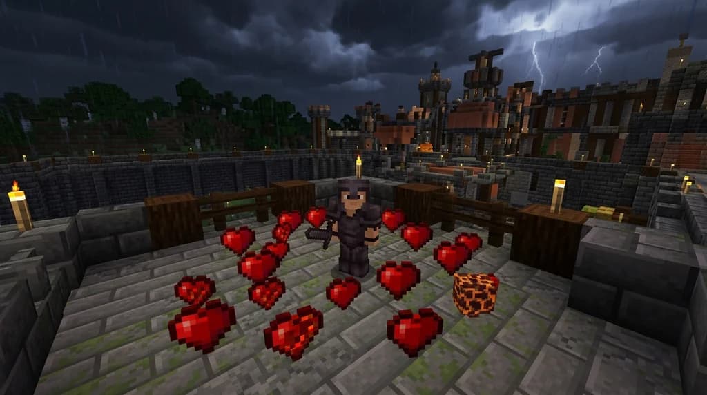 A Minecraft player in netherite armor standing on a stone brick arena surrounded by glowing heart items, with a competitive SMP base built from deepslate and dark oak in the background under a dramatic stormy sky.