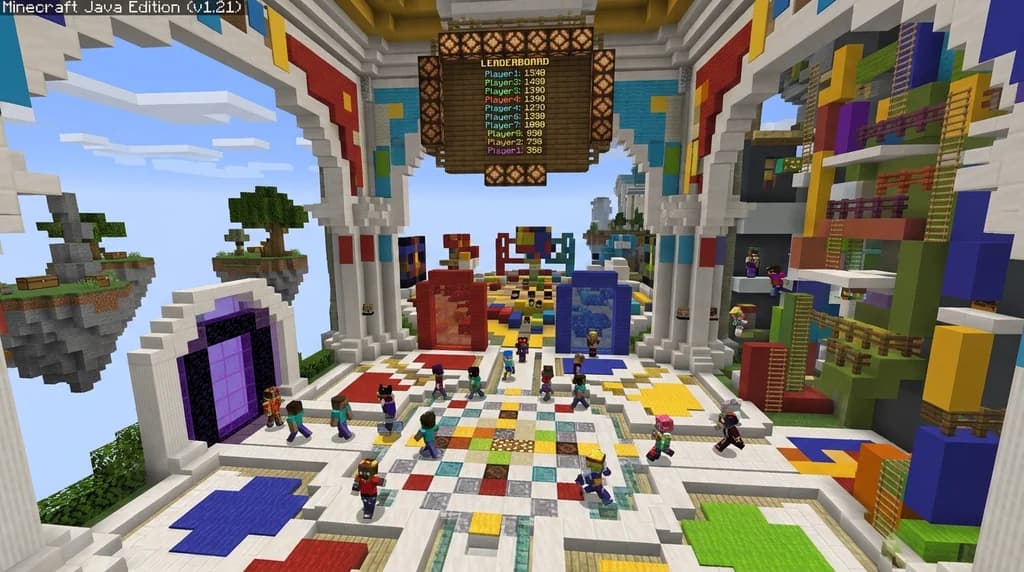 A bustling Minecraft mini-games hub with portals to SkyWars, BedWars, and parkour, filled with active players.