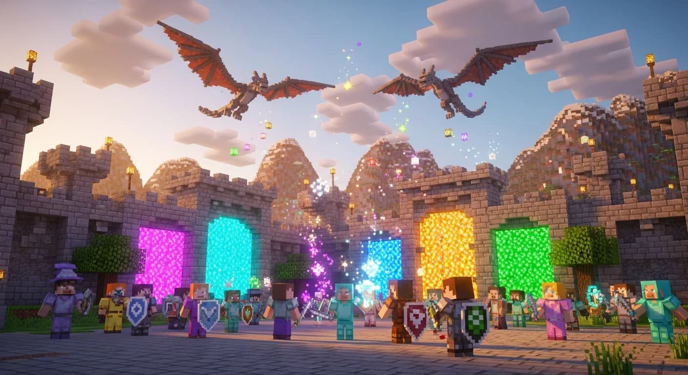 Multiple Minecraft players in custom RPG class armor standing before a fantasy castle and dungeon entrance on a Minecraft MMO server