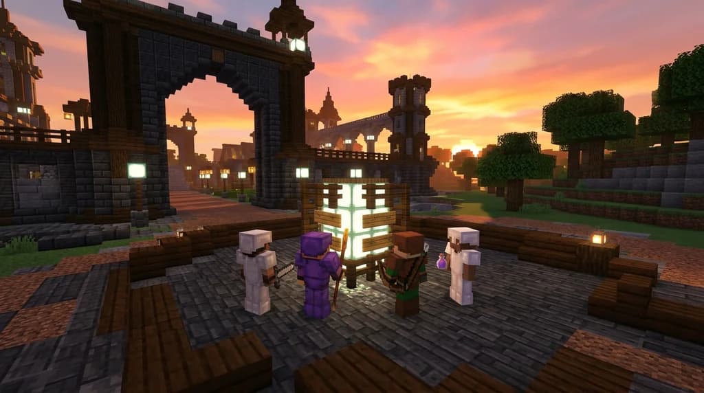 Four Minecraft MMORPG character archetypes — warrior, mage, ranger, and healer — standing at a glowing quest board in a deepslate-and-dark-oak server spawn hub at sunset