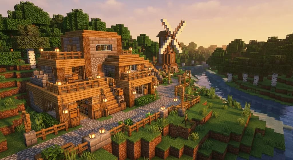 A Minecraft vanilla-plus survival base built from oak planks and stone bricks at the edge of a lush forest, with a Create mod windmill spinning in golden hour light and storage barrels visible through open doorways.