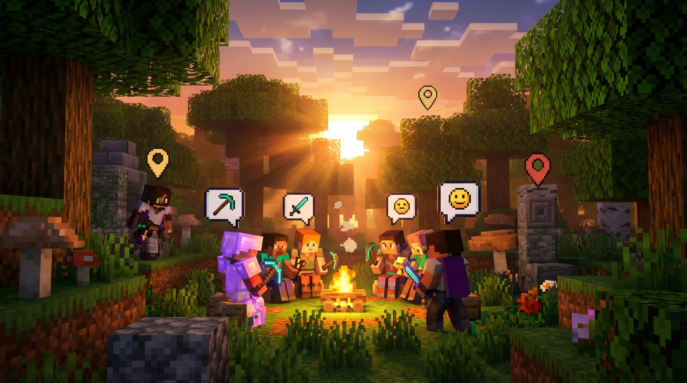 A group of Minecraft player characters gathered around a campfire in a forest biome, representing social multiplayer community play with proximity chat and shared maps