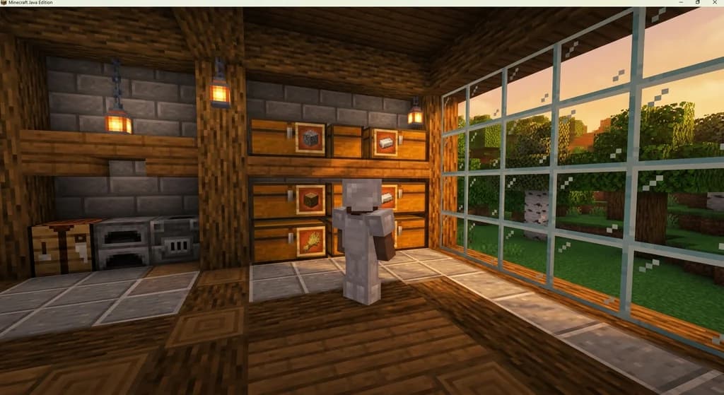 A Minecraft player in iron armor inside an organized oak and stone brick base with a Jade mod tooltip visible above a furnace and a chest room in the background