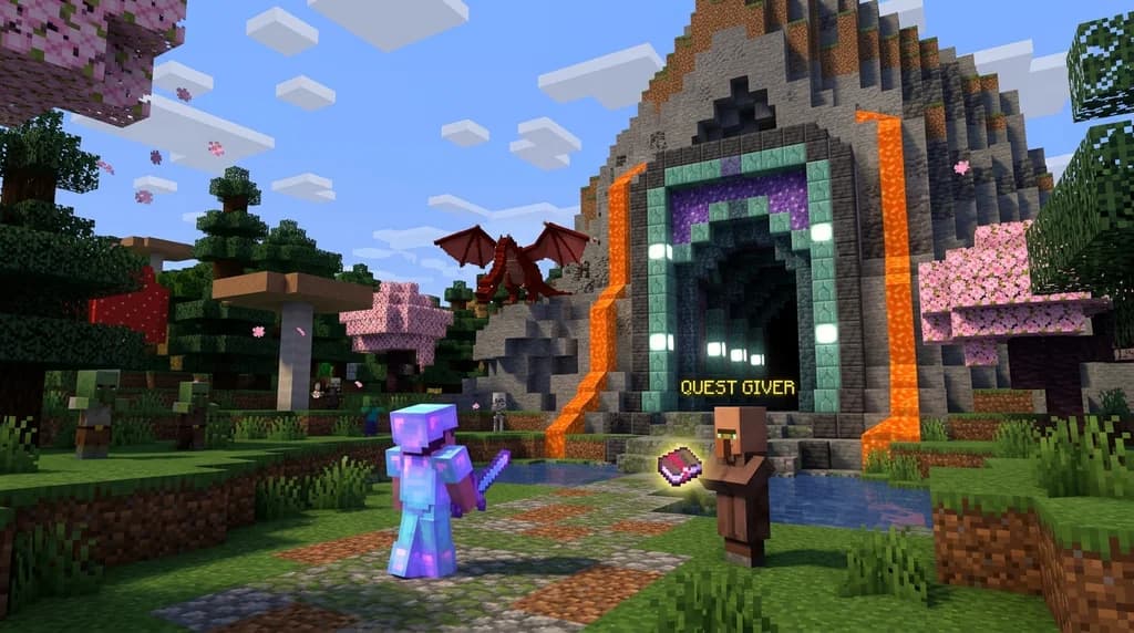 Minecraft RPG modpack scene with player, dungeon entrance, fantasy mobs, and quest NPC in a mystical forest.