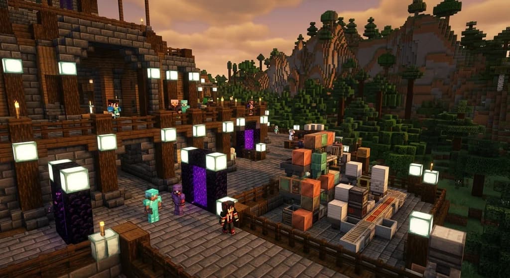 A large modded Minecraft server spawn hub built from deepslate and dark oak with glowing sea lanterns, players near portals and modded machines, forest and mountains in the background at golden hour.