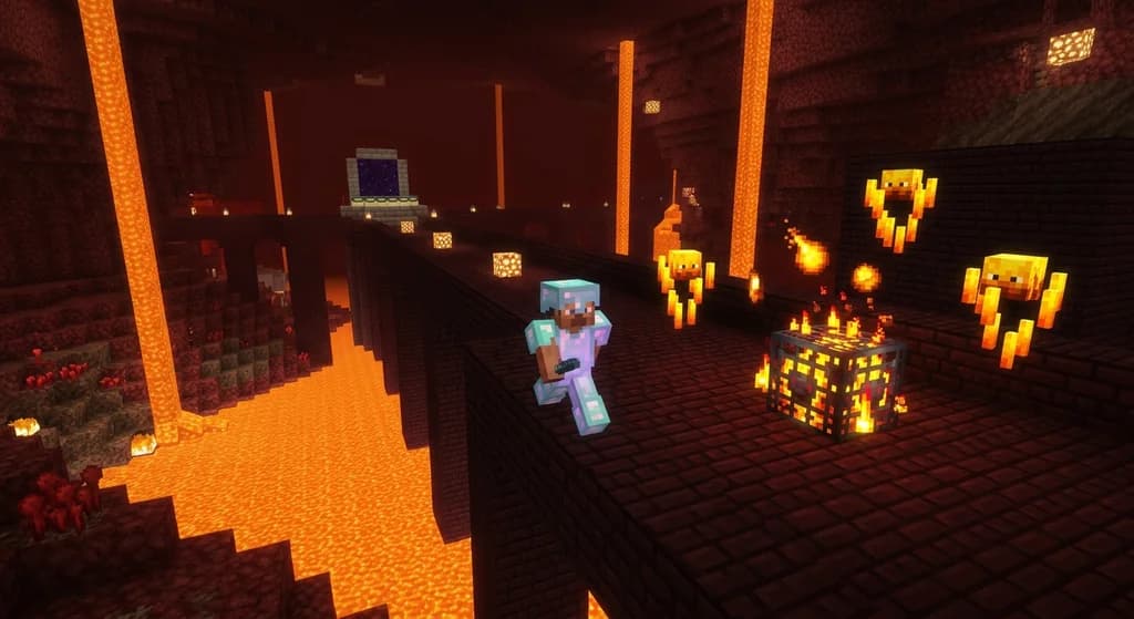 Minecraft speedrunner rushing through nether fortress with speedrun mods overlay