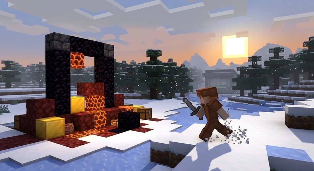 Minecraft speedrunner in leather armor sprinting past a glowing ruined portal with gold blocks at sunrise, stronghold visible in the distance across a snowy plains biome