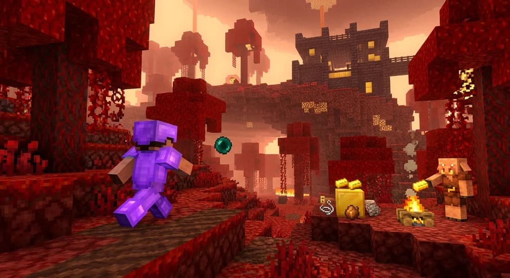 Minecraft speedrunner in version 1.16.1 Nether throwing ender pearl at bastion remnant.