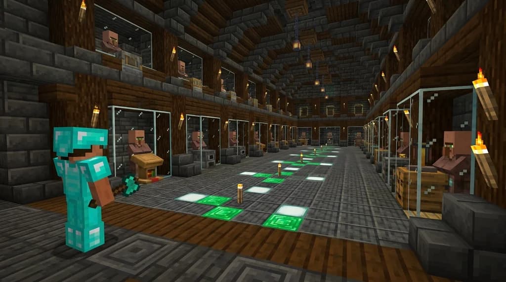 A Minecraft trading hall built from deepslate and dark oak with rows of villagers at job site blocks, emerald block flooring, and a diamond-armored player at the entrance.