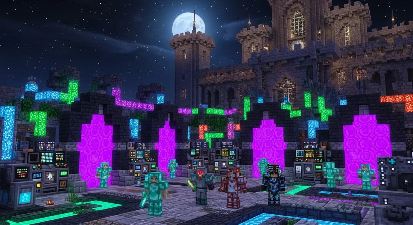 A Minecraft modded server hub with players in custom armor near glowing obsidian portals, modded machinery, and a large stone brick castle under a starry night sky.