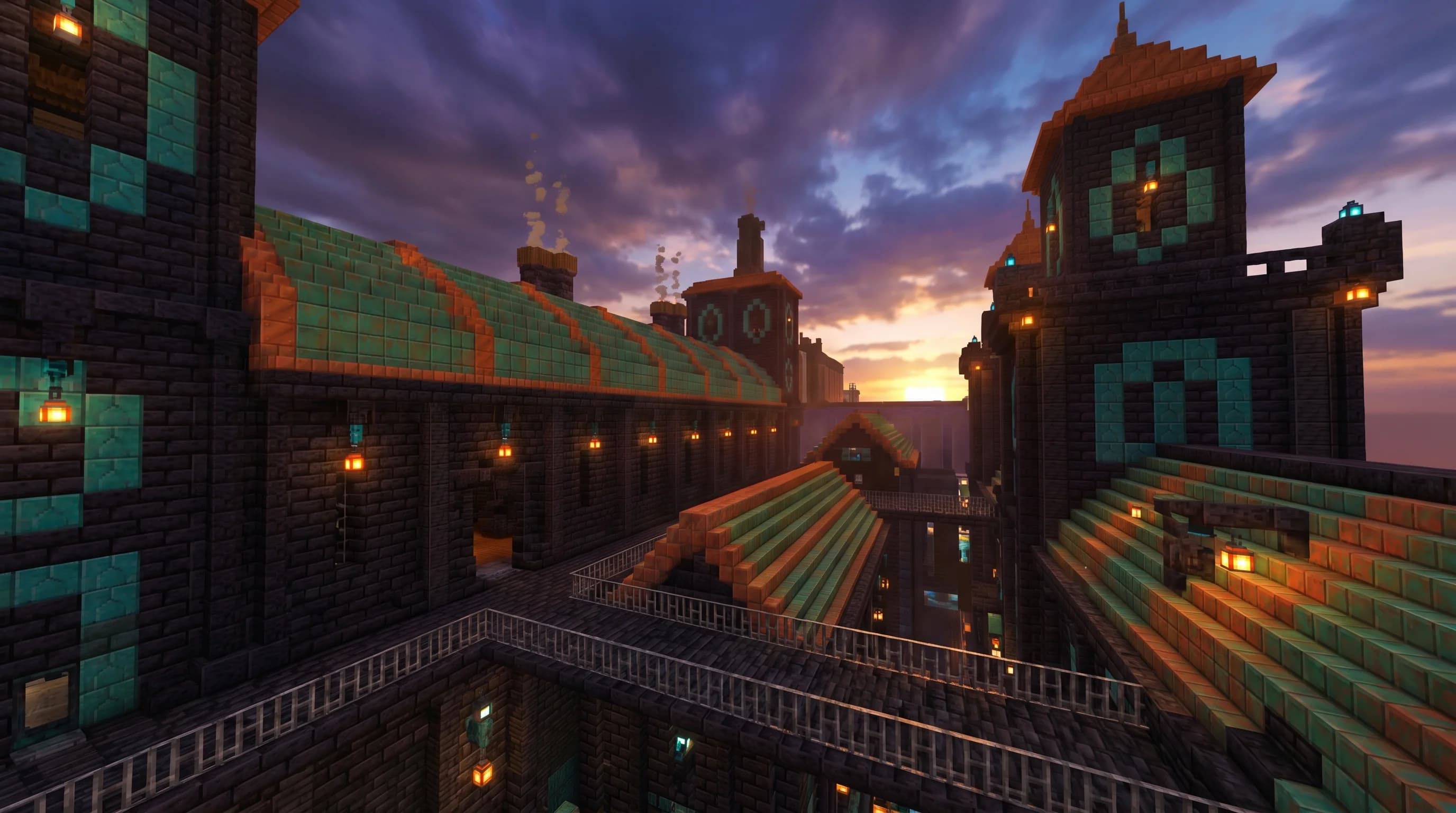 A cinematic wide-angle view of a modern industrial Minecraft build at dusk, featuring deepslate brick walls, oxidized copper roofing panels, iron bar grating, and glowing lanterns casting warm light across cyan terracotta accents