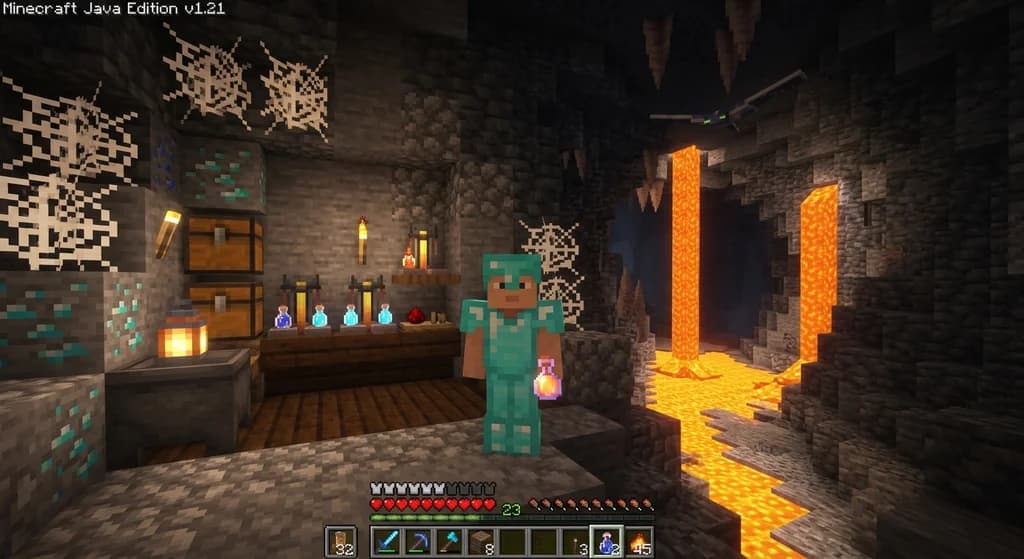 Hardcore survival player preparing fire resistance potions beside a lava fall with a full brewing stand nearby.