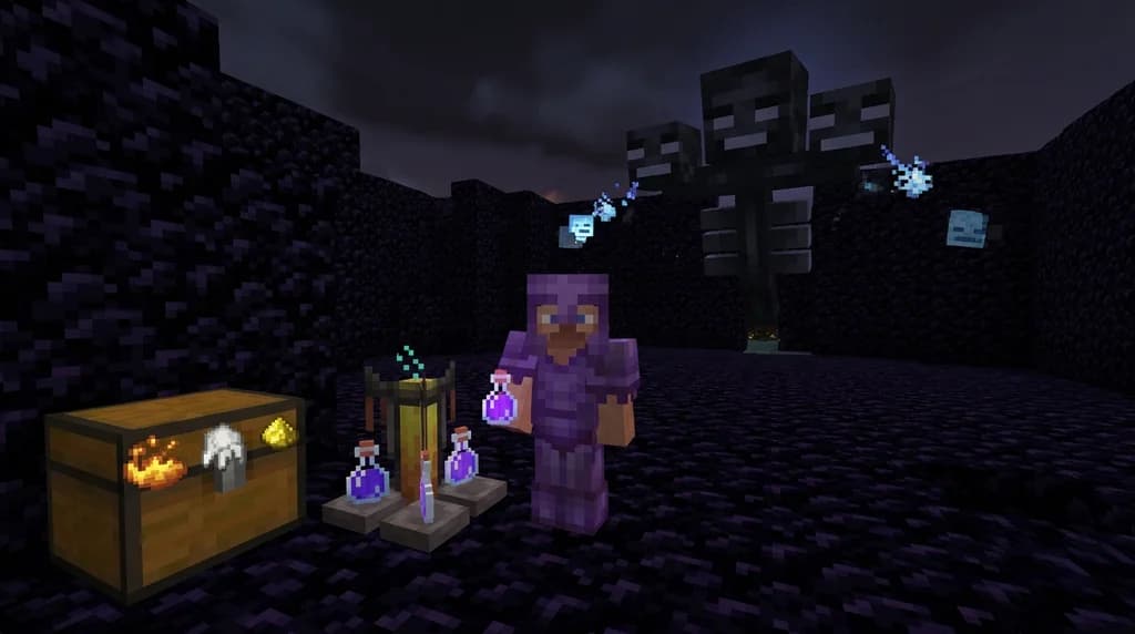 Minecraft player brewing the best potions for a boss fight in a dark obsidian arena, with a Wither boss looming in the background.