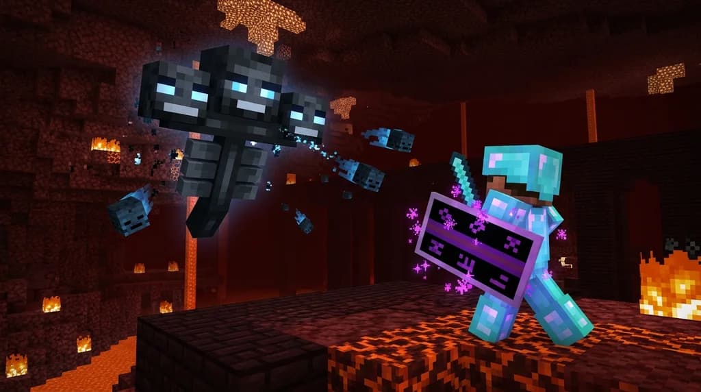 Minecraft player with enchanted shield facing Wither boss in Nether fortress.