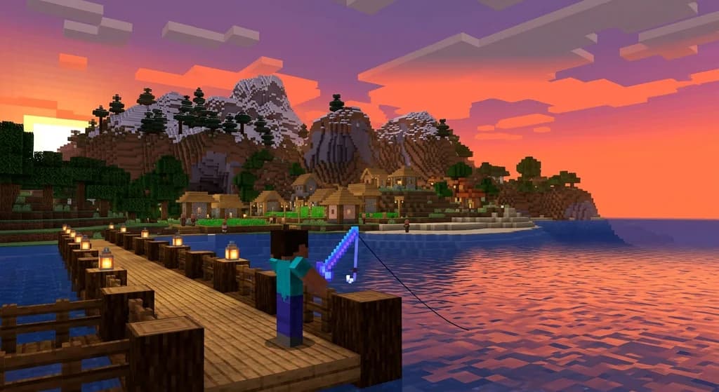 Minecraft player fishing at sunset, the best time for rare catches on Gaia Legends.