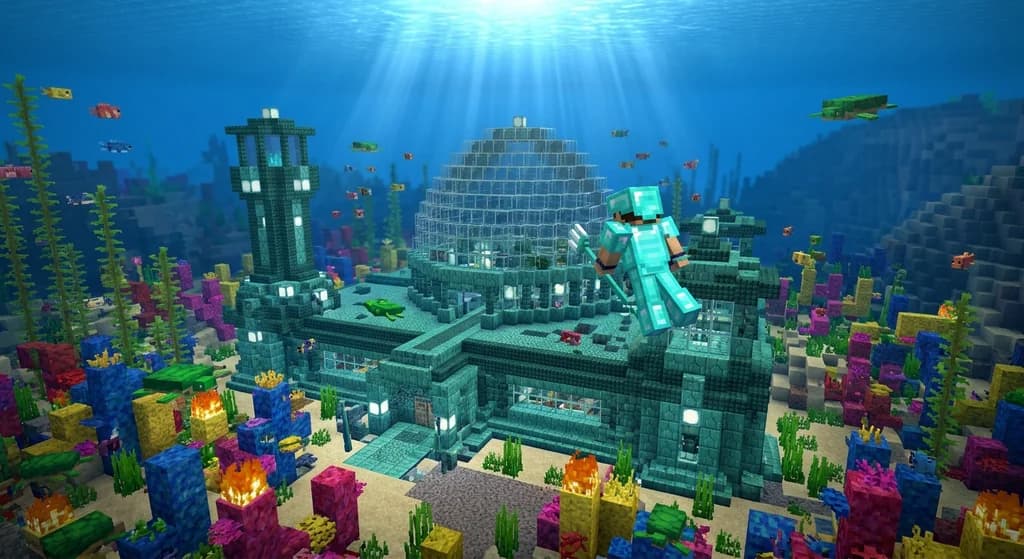 Underwater Minecraft base made of prismarine and sea lanterns with a glass dome, coral reef, and a player swimming nearby in a sunlit ocean.
