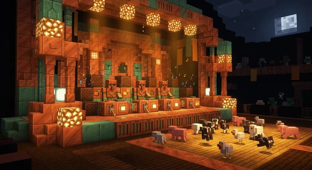 A Minecraft automated jazz orchestra stage featuring Copper Golems pressing Note Blocks on oxidized copper, with Golden Dandelion-frozen baby animals forming a choir, lit by warm amber spotlights in an art deco copper build.
