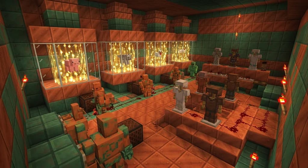 A Minecraft Copper Golem Baby Mob Command Center with age-locked baby mobs in golden dandelion stasis, oxidized trumpet note blocks, and mannequin NPC logic gates arranged in a grand automated control room