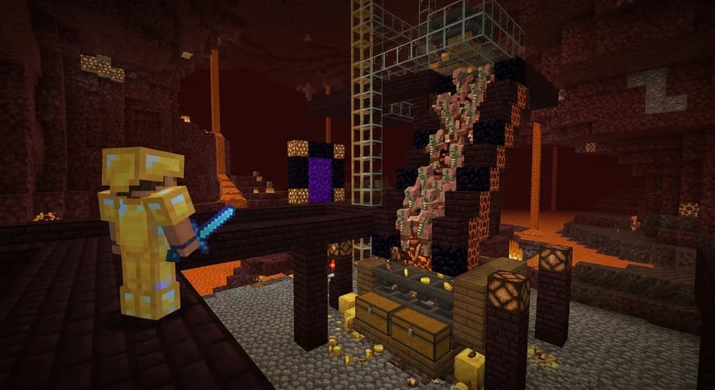 A player in golden armor inside a Nether gold farm with piglins, hoppers, and piles of gold.