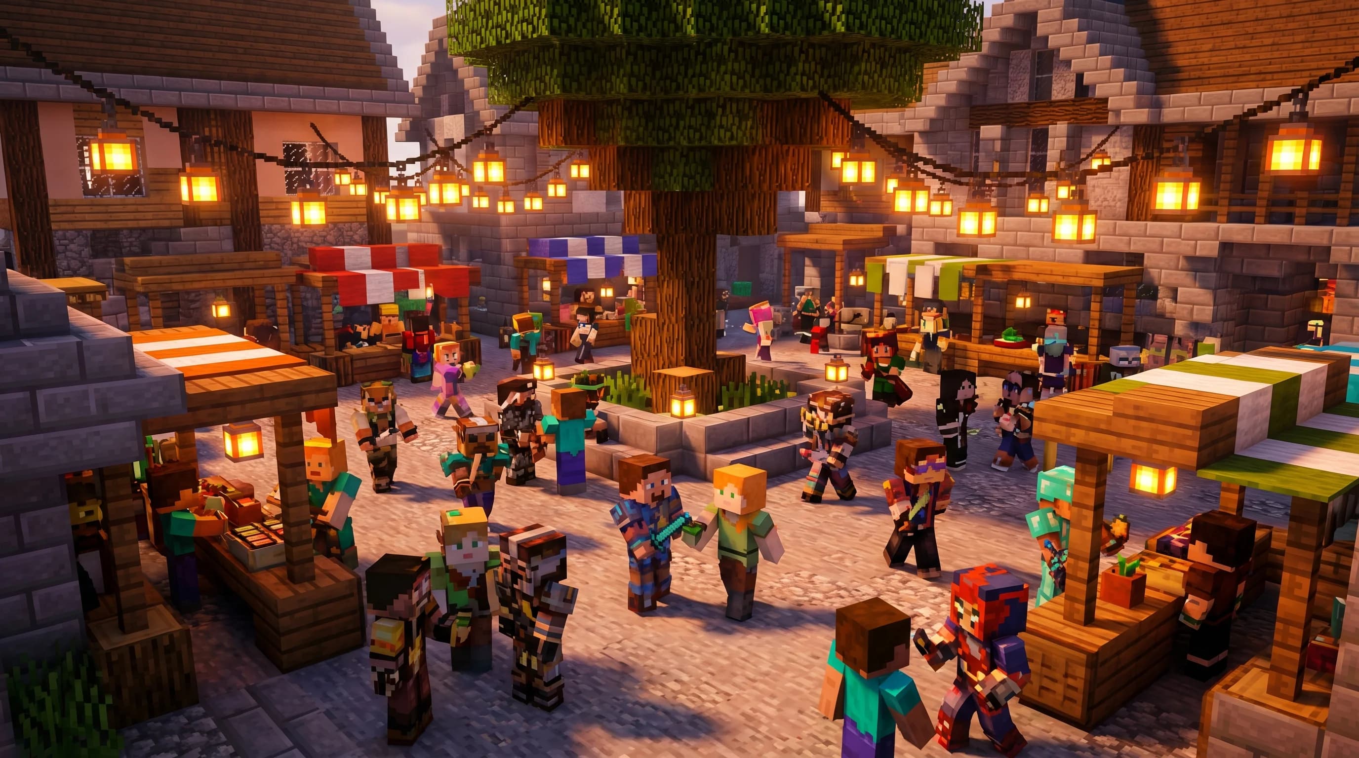 A lively group of Minecraft players gathering in a vibrant server hub