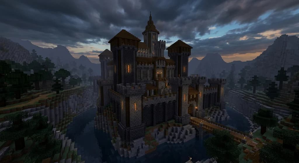 A towering Minecraft castle built from deepslate bricks and dark oak with iron bar windows, surrounded by a moat in a misty mountain biome at dusk with torchlight glowing from arrow slits