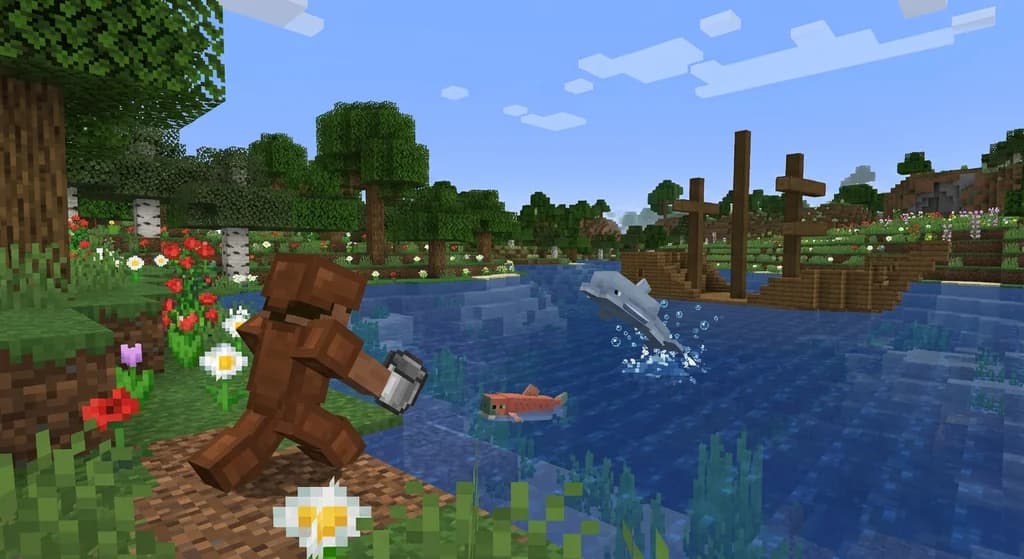 A Minecraft player using a water bucket to catch a salmon in a river, with a dolphin and shipwreck visible in the background.