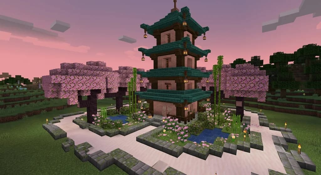A Minecraft Japanese pagoda built from cherry wood and smooth quartz, surrounded by pink cherry blossom trees, moss-edged stone paths, and sea lantern lanterns at dusk.