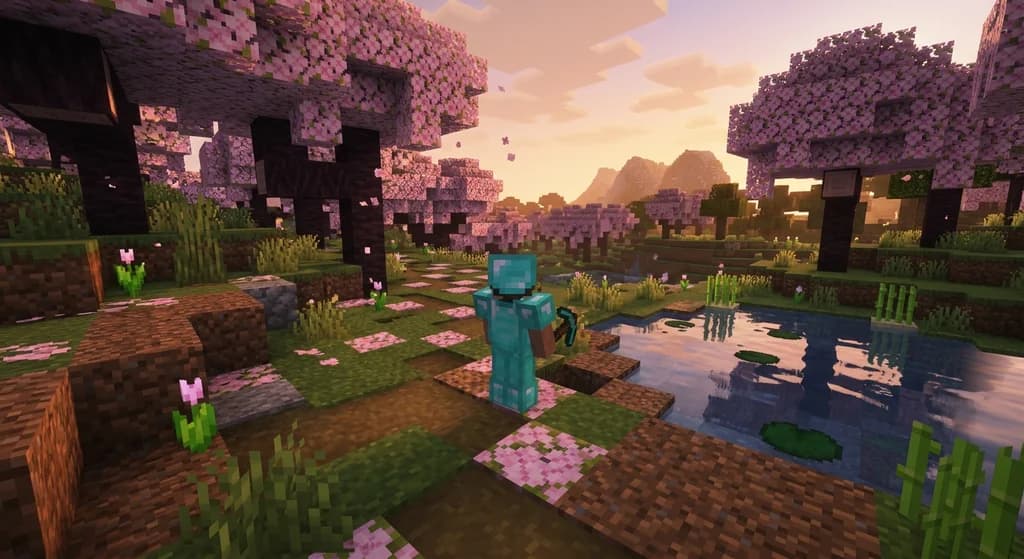 Player in cherry blossom forest with shaders and minimap mod, demonstrating client-side visual enhancements.