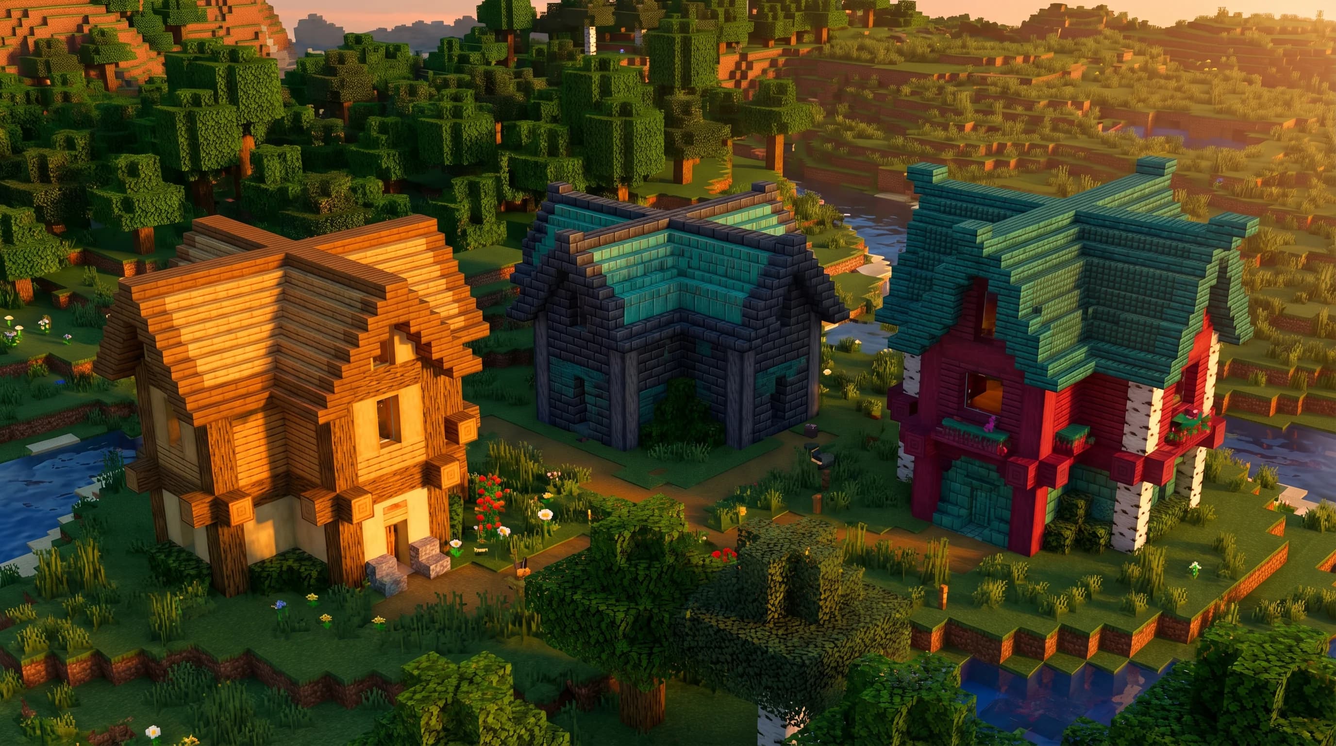 Three Minecraft player-built houses side by side demonstrating analogous, complementary, and triadic color harmony block palettes at golden hour