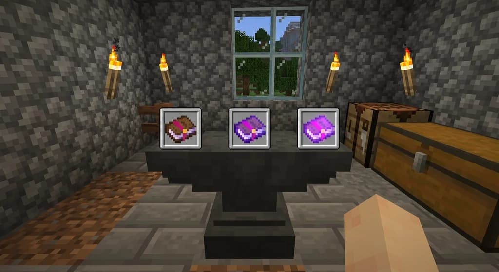 An anvil with two enchanted books being combined into one, set in a Minecraft stone workshop.