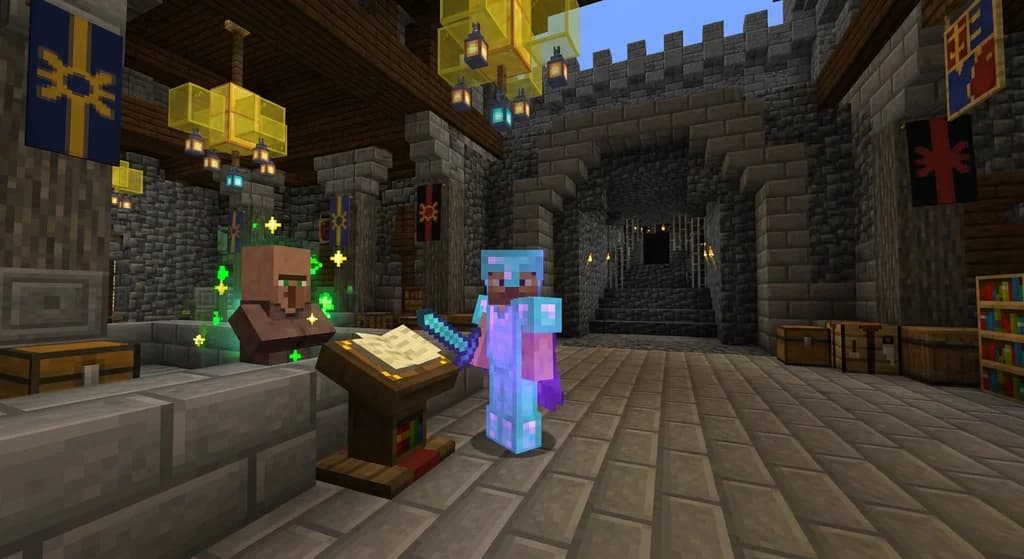 Minecraft MMO player in enchanted armor receiving a quest from a glowing NPC villager inside a grand castle hall with sea lanterns and dungeon archway in the background